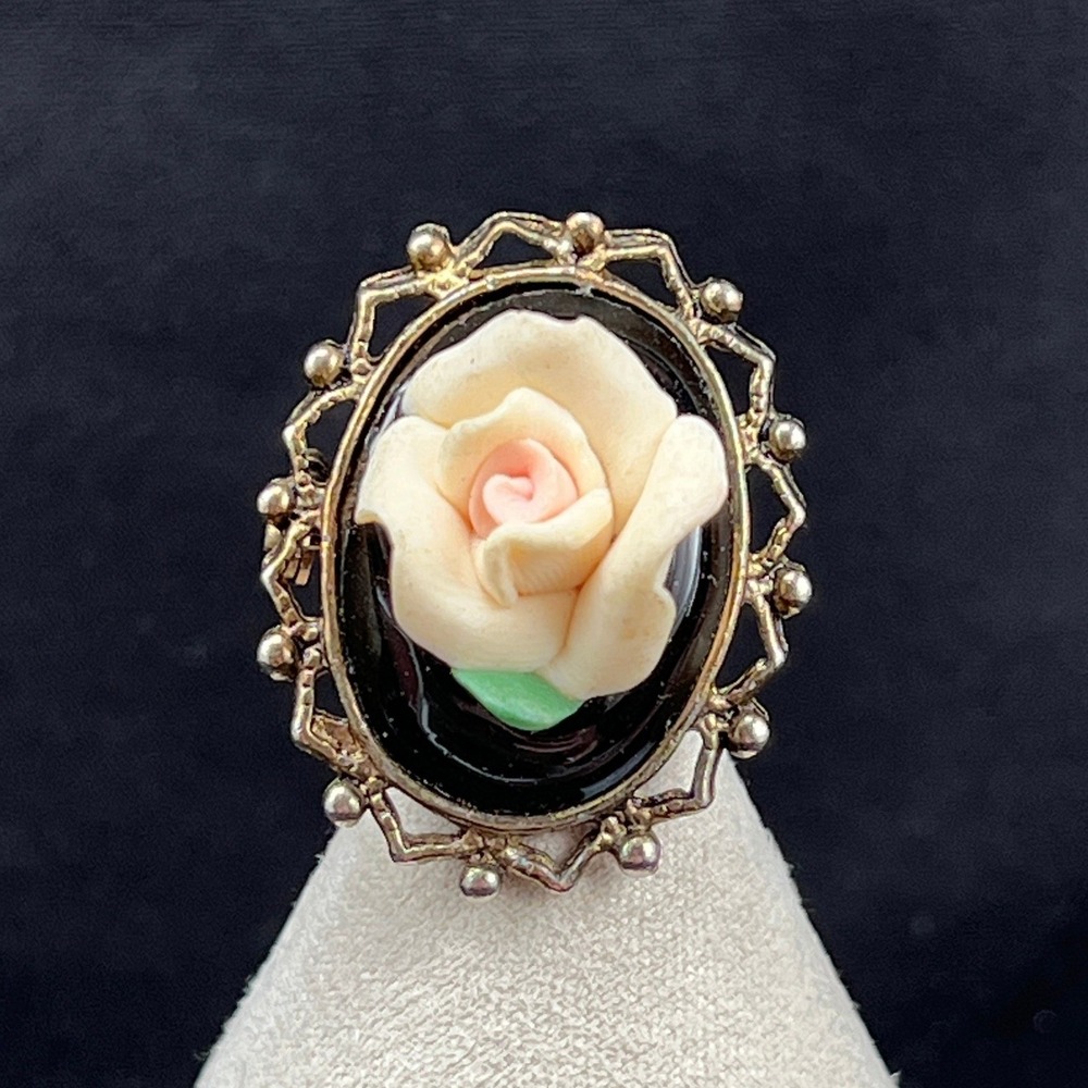 Vintage Brooch Rose Cameo Gold Tone Black Cream Pink Floral 3D Pin